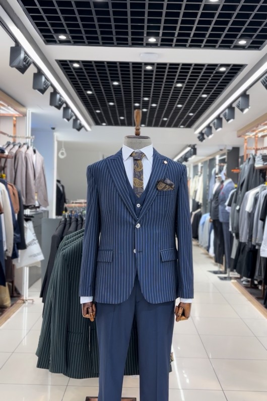Lacivert Çizgili Ceket, Düz Pantolon ve Düz Yelek Takım Elbise