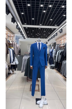 Saks Mavisi Yelekli Takım Elbise