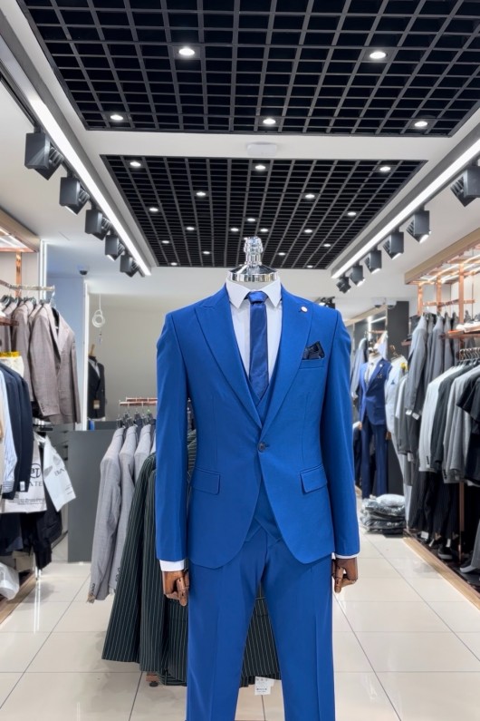 Saks Mavisi Yelekli Takım Elbise