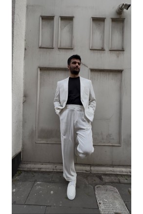 Beyaz Keten Oversize Takım Elbise