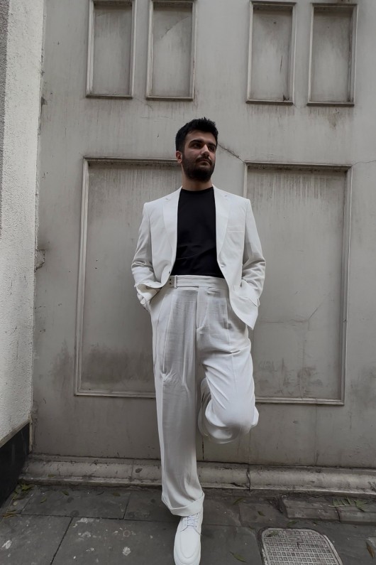 Beyaz Keten Oversize Takım Elbise