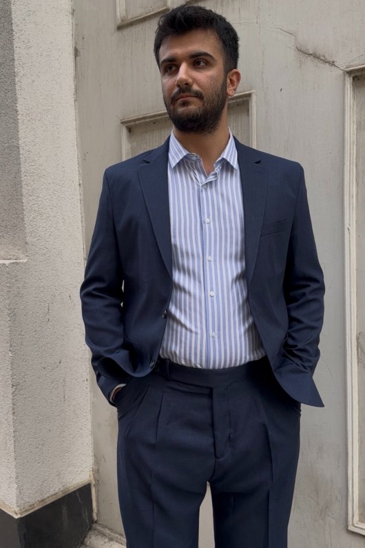 Dokulu Lacivert Oversize Takım Elbise