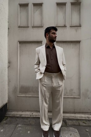 Bej Keten Oversize Takım Elbise