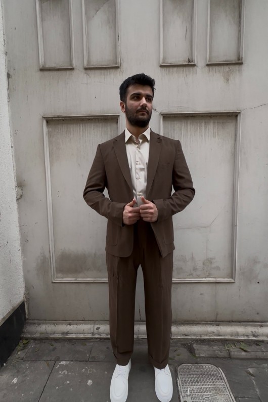 Kahverengi Keten Oversize Takım Elbise