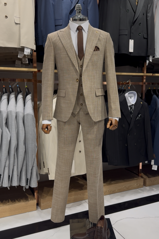 Slimfit Kırçıllı Kahverengi Takım Elbise