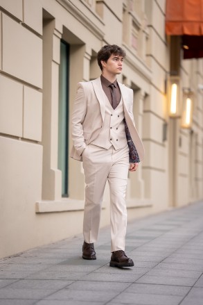 Slimfit Yelekli Bej Takım Elbise