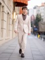 Slimfit Yelekli Bej Takım Elbise