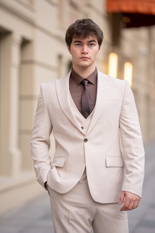 Slimfit Yelekli Bej Takım Elbise