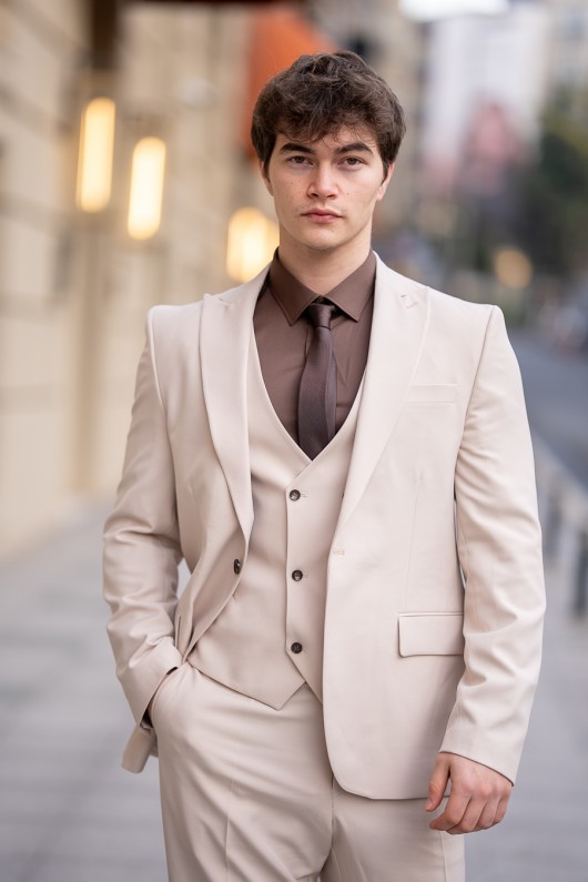 Slimfit Yelekli Bej Takım Elbise